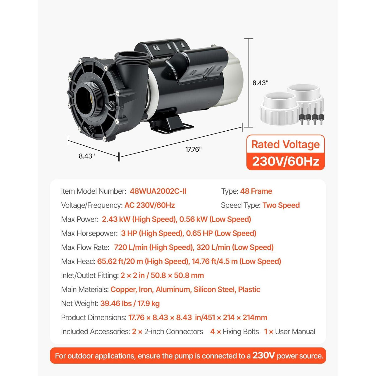 SPA Pump, 3 HP, 2-Speed Hot Tub Pump with 2-Inch Intake, 190.2 GPM High 84.5 GPM Low Speed, 230V 60Hz, 48 Frame, for (Jacuzzi) Sundance #6500-343/ #6500-347/ # 6500-355/ #6500-359/ #6500-094