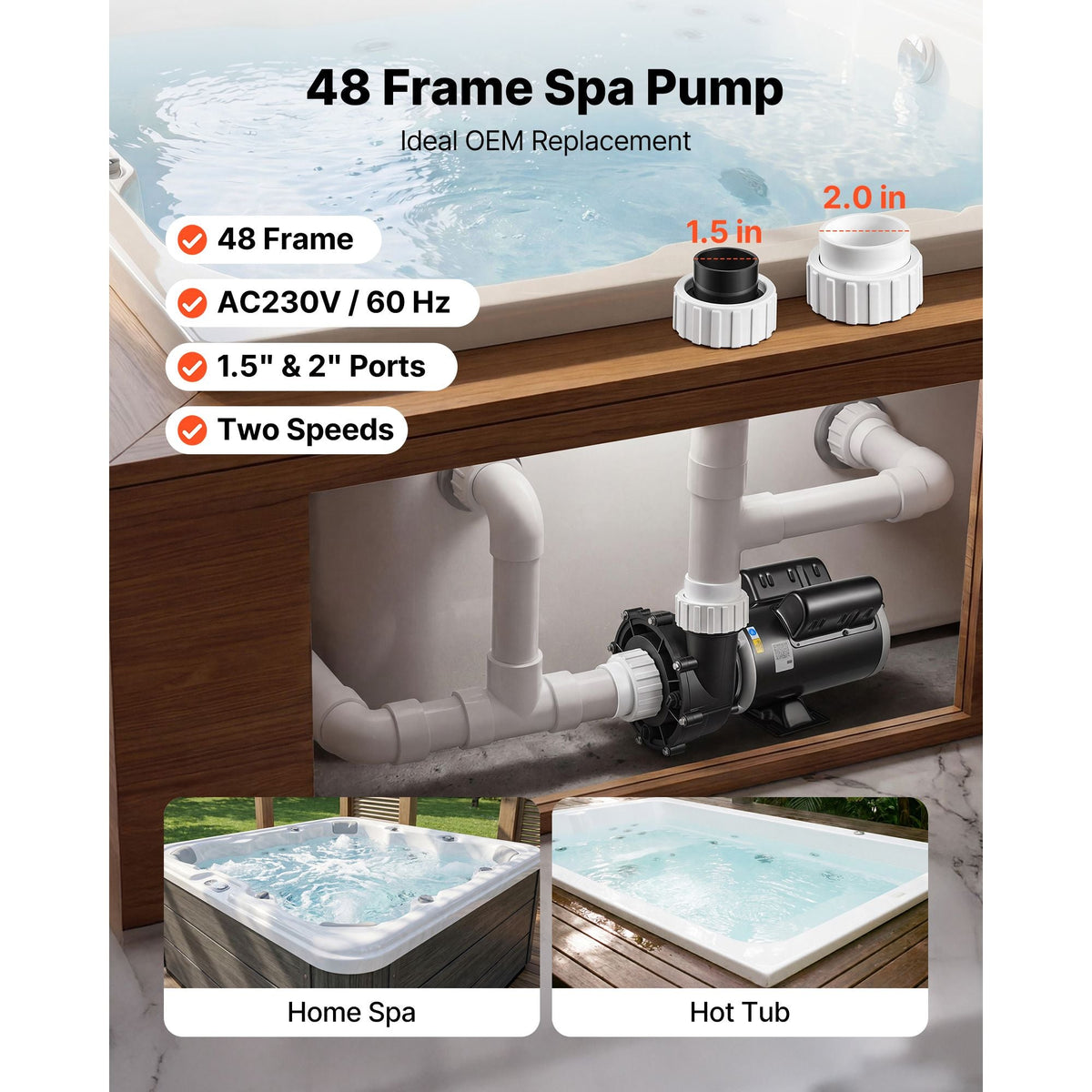 SPA Pump 3HP Hot Tub Pump 2 Speed 48 Frame with 1.5" & 2" Port, 230V, 190 GPM High Speed & 90 GPM Low Speed, 90° Rotational Interface, SPA Bath Water Circulation, Compatible with OEM Models