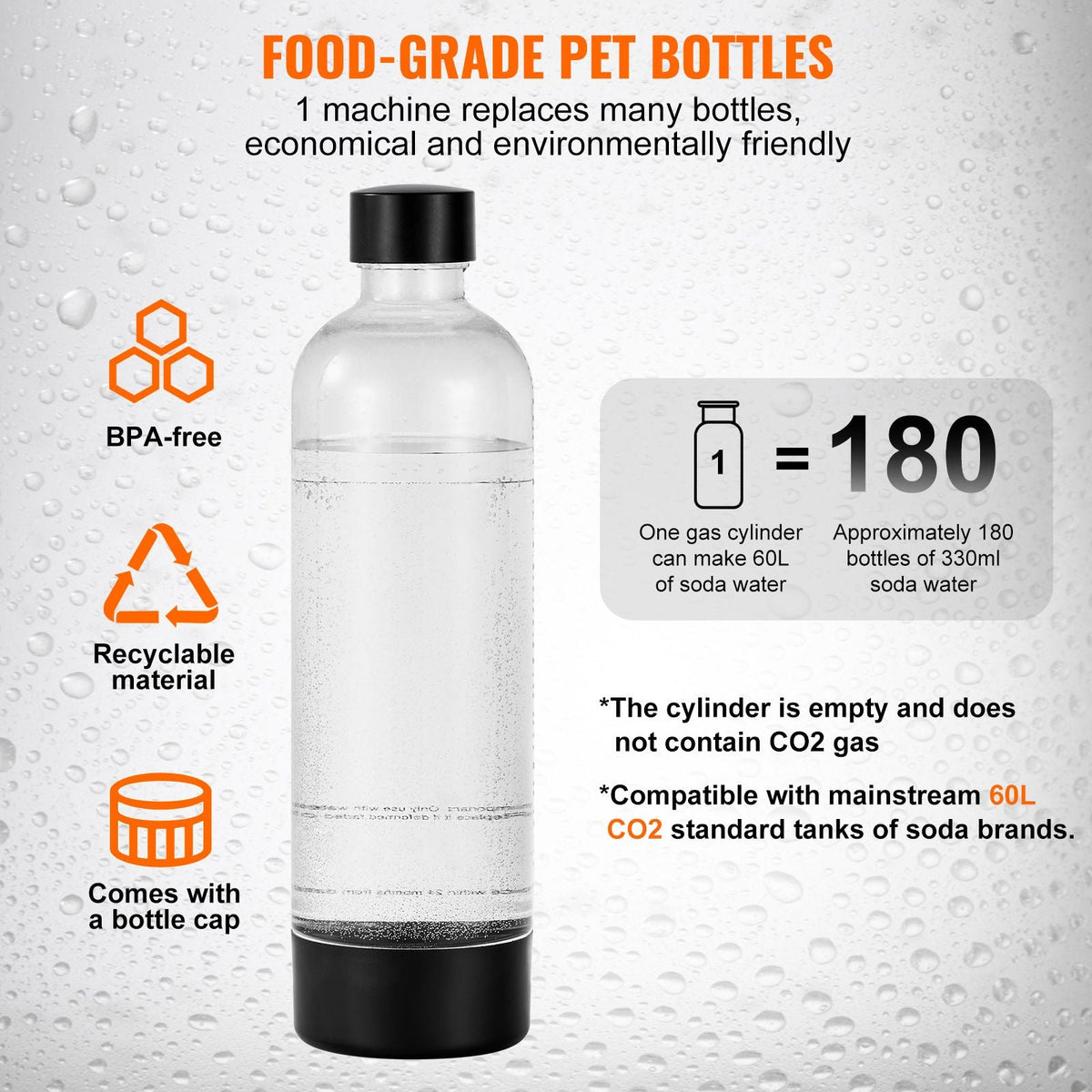 Sparkling Water Maker, Soda Maker Machine for Home Carbonating, Seltzer Water Starter Kit with 2 BPA-free 1L PET Bottles, CO2 Cylinder, Compatible with Mainstream Screw-in 60L CO2 Cylinder