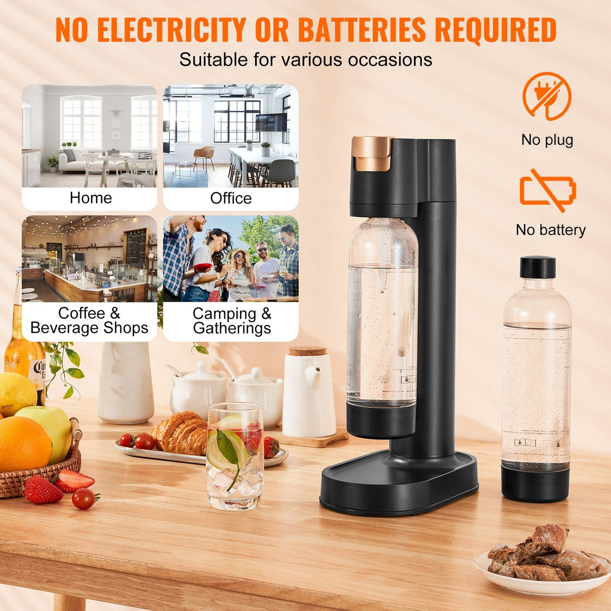 Sparkling Water Maker, Soda Maker Machine for Home Carbonating, Seltzer Water Starter Kit with 2 BPA-free 1L PET Bottles, Compatible with Mainstream Screw-in 60L CO2 Cylinder(NOT Included) Black