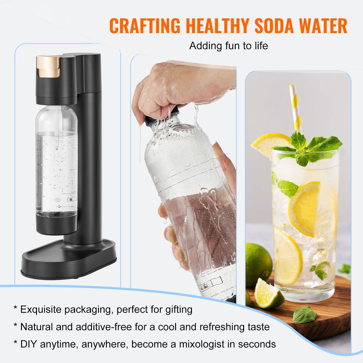 Sparkling Water Maker, Soda Maker Machine for Home Carbonating, Seltzer Water Starter Kit with 2 BPA-free 1L PET Bottles, Compatible with Mainstream Screw-in 60L CO2 Cylinder(NOT Included) Black
