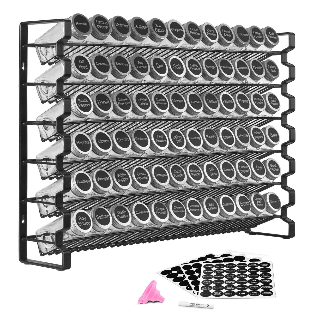 Spice Rack Organizer for Cabinet, Spice Organizer with 72 Empty Spice Jars, Lids, Spice Labels, and Funnel Complete Set, Seasoning Organizer for Countertop, Kitchen, Pantry, Cupboard, 23x16 in