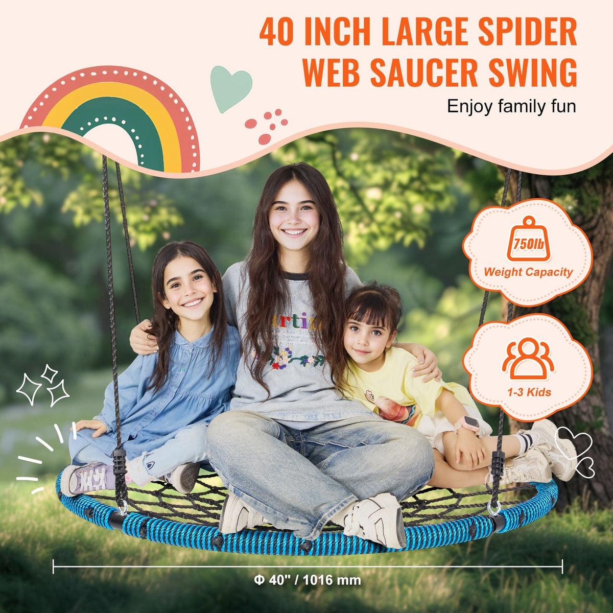 Spider Web Saucer Swing, 40 Inch Round Swings for Kids Outdoor, 750lbs Weight Capacity Saucer Tree Swing, Stable Woven Rope Swing Seat with Tree Hanging Straps and Adjustable Multi-Strand Ropes