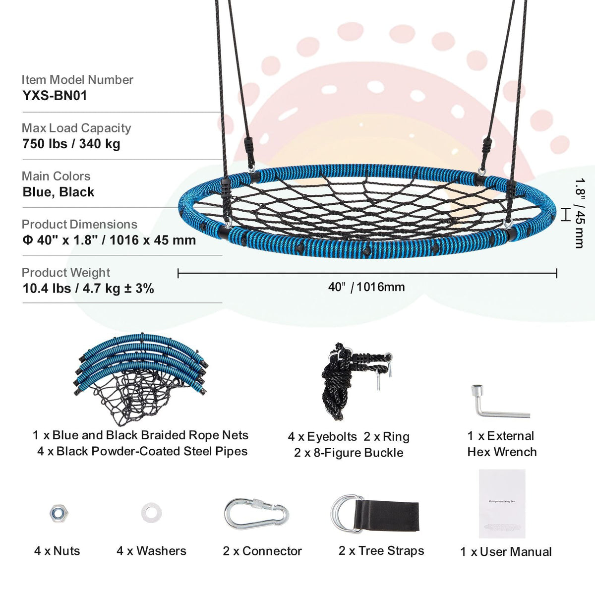 Spider Web Saucer Swing, 40 Inch Round Swings for Kids Outdoor, 750lbs Weight Capacity Saucer Tree Swing, Stable Woven Rope Swing Seat with Tree Hanging Straps and Adjustable Multi-Strand Ropes