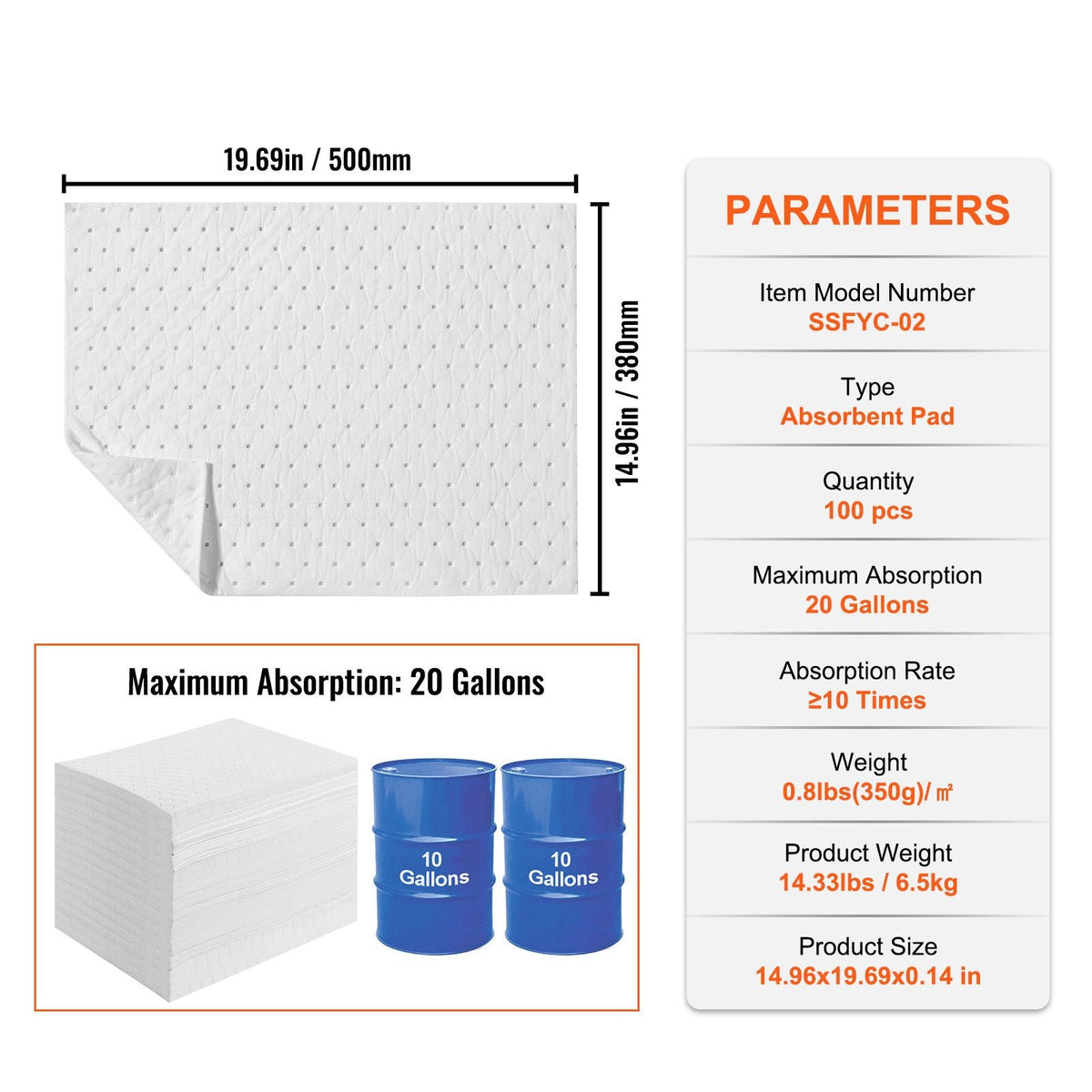 Spill Absorbent Pads, Oil Absorbing Mat Absorbs up 20 Gal, 15" L x20" W Polypropylene Absorbent Pad for Oil Only, Oil Spill Mats Pack of 100