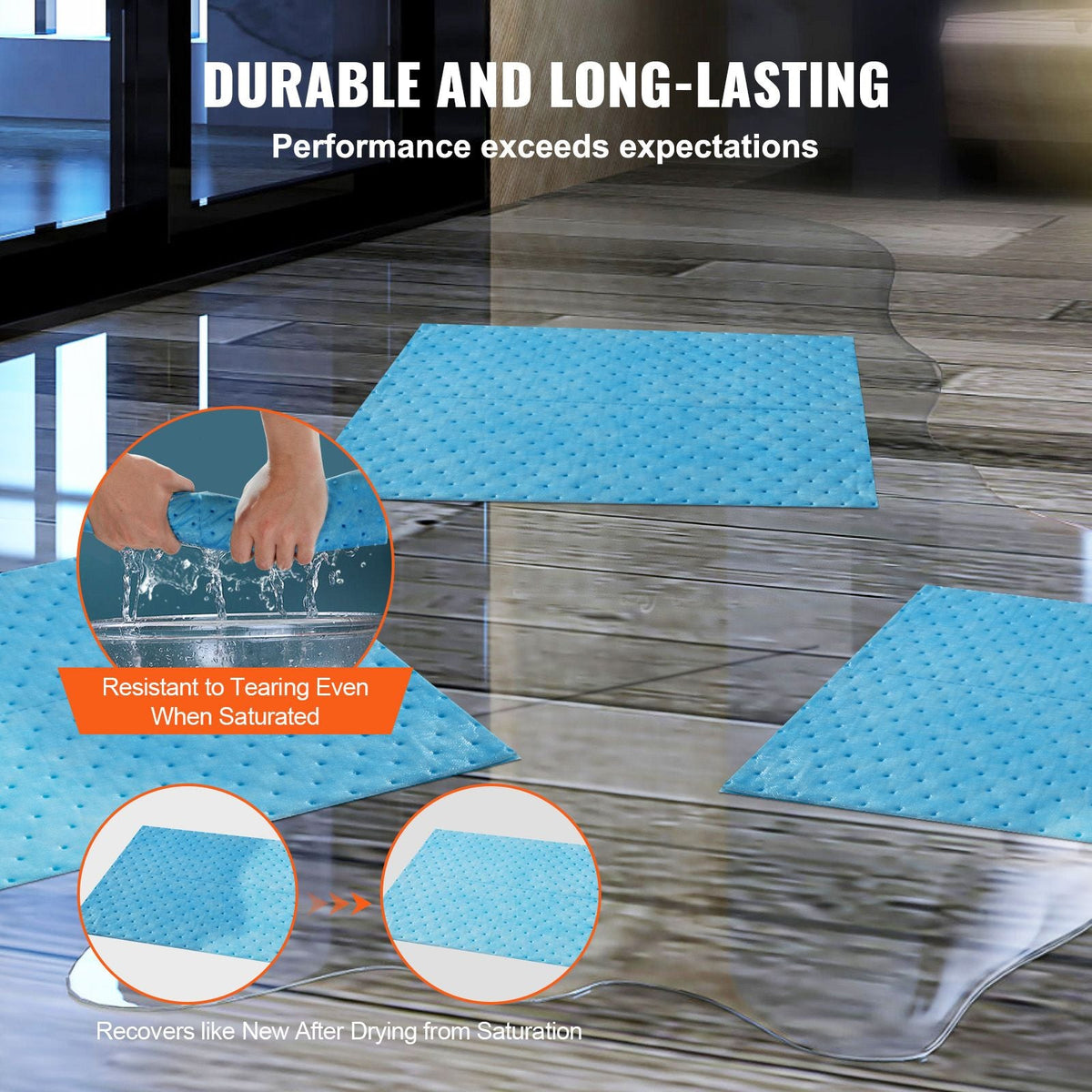Spill Absorbent Pads, Water Absorbing Mat Pad in Dispenser Box, 6 Gal Capacity, 15" L x19" W Polypropylene Absorbent Pad for Water, 30 pcs per Box
