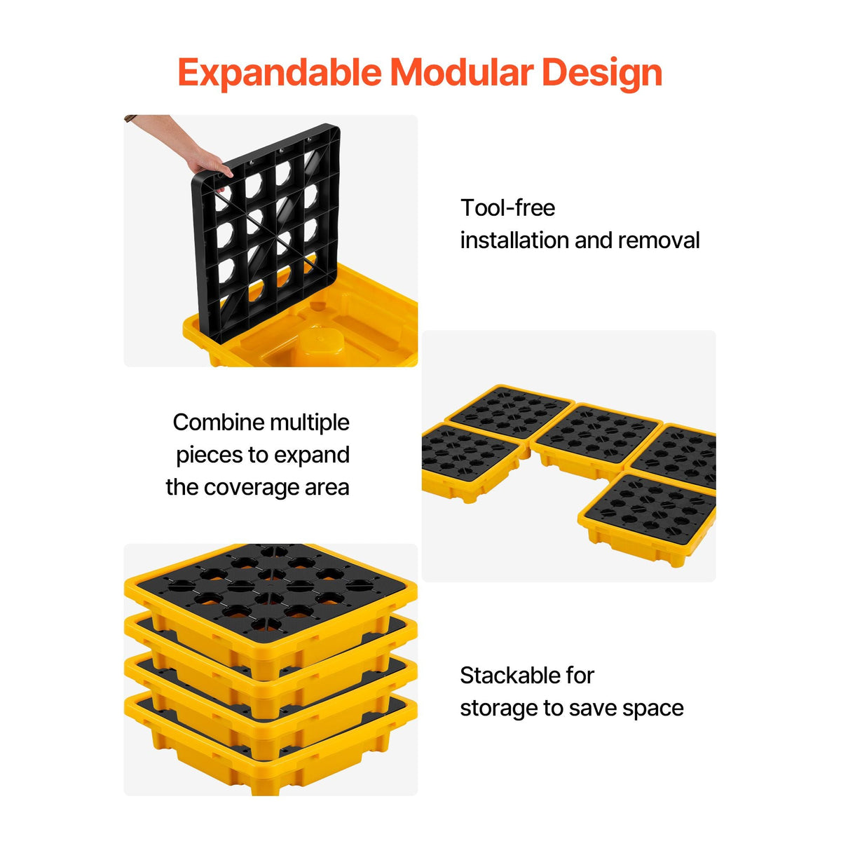 Spill Containment Pallet, 1 Drum Low Profile Spill Containment Modular Platform, 11.4 Gallon Sump, 1543 lbs Load Capacity, Heavy-Duty Polyethylene Tray with Drain, 26.4" x 26.6" x 5.9", Yellow
