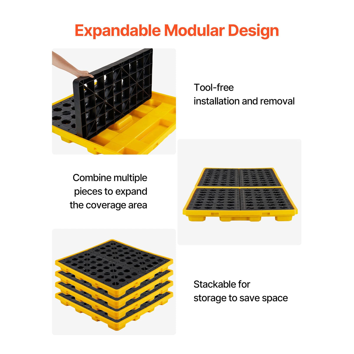 Spill Containment Pallet, 4 Drum Low Profile Spill Containment Modular Platform, 31 Gallon Sump, 8818 lbs Load Capacity, Heavy-Duty Polyethylene Tray with Drain, 51.4" x 50.4" x 5.9", Yellow