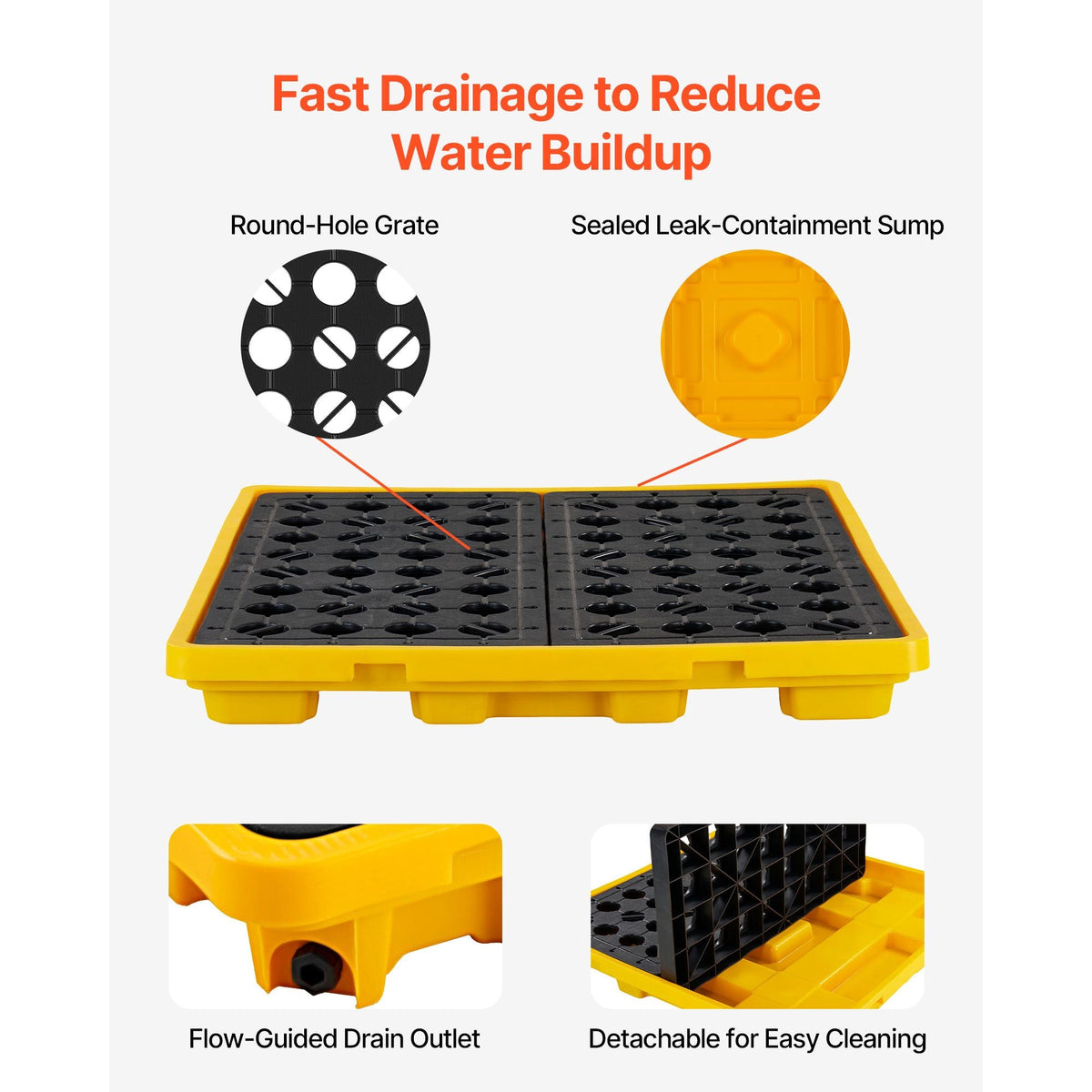 Spill Containment Pallet, 4 Drum Low Profile Spill Containment Modular Platform, 31 Gallon Sump, 8818 lbs Load Capacity, Heavy-Duty Polyethylene Tray with Drain, 51.4" x 50.4" x 5.9", Yellow