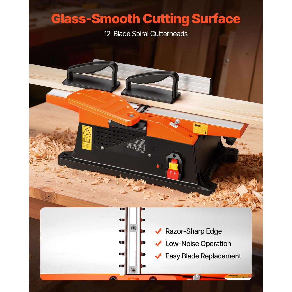 Spiral Benchtop Jointer, 6 in, 2 HP 12000 RPM Bench Top Wood Jointer, with 12-Blade Spiral Cutterhead, Up to 1/8 in Depth, Adjustable Fence, 6 x 23 in Cast Aluminum Table, for Woodworking DIY