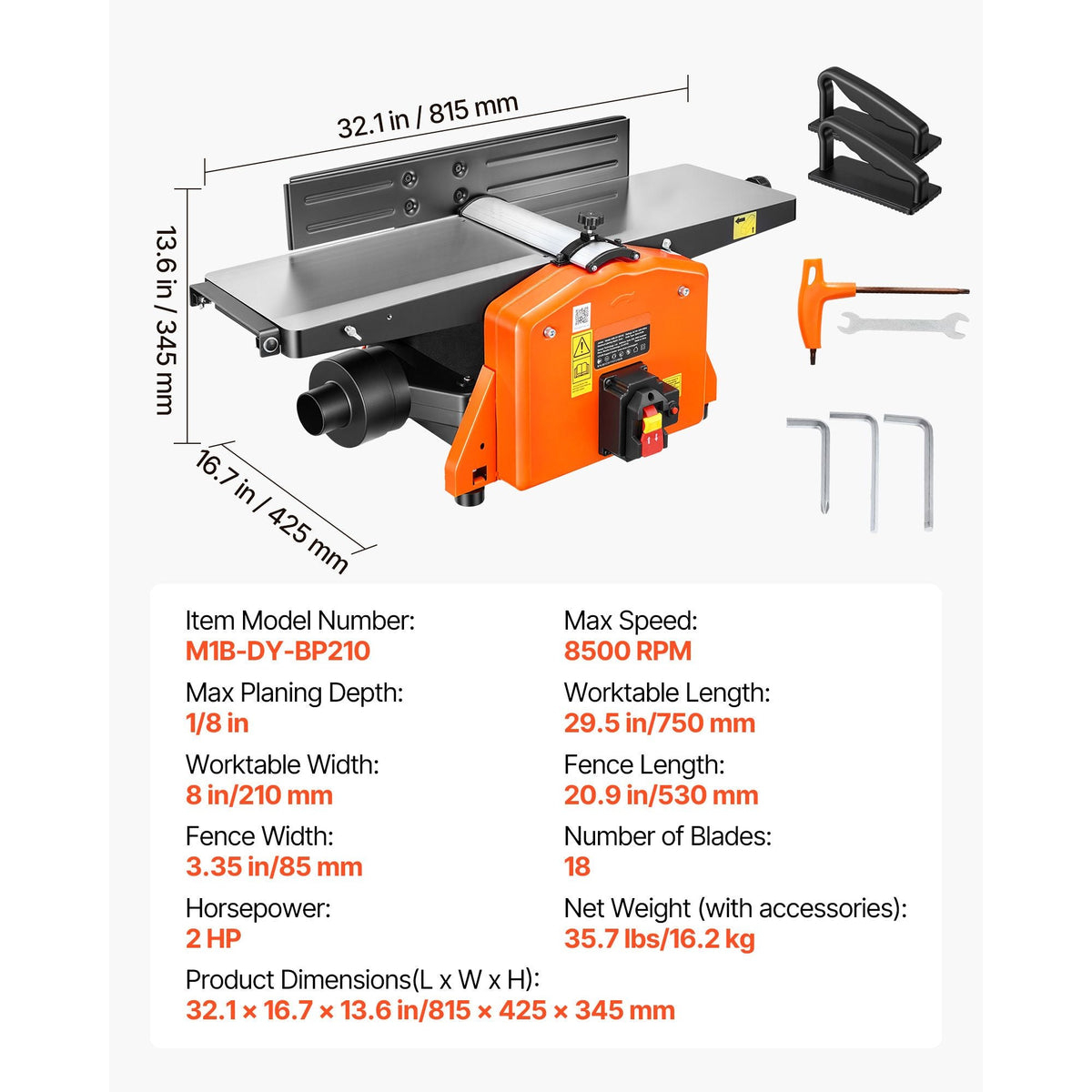 Spiral Benchtop Jointer, 8 Inch, 2 HP 8500 RPM Bench Top Wood Jointer, with 18-Blade Spiral Cutterhead, Extendable Cast Aluminum Table, Up to 1/8 in Depth, Adjustable Fence, for Woodworking DIY