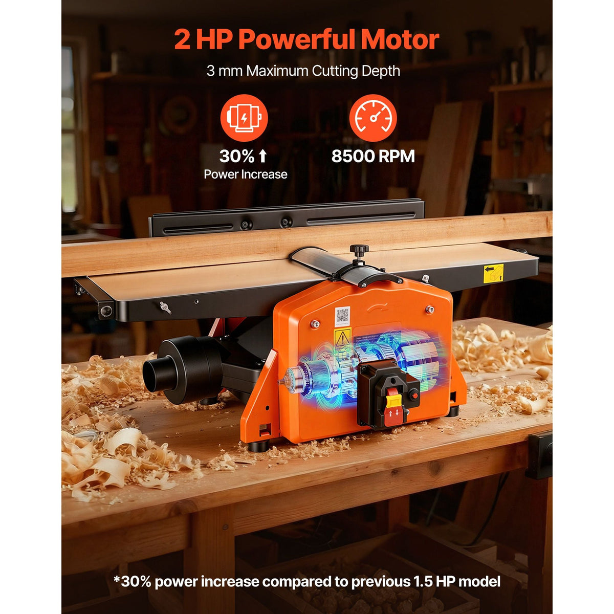 Spiral Benchtop Jointer, 8 Inch, 2 HP 8500 RPM Bench Top Wood Jointer, with 18-Blade Spiral Cutterhead, Extendable Cast Aluminum Table, Up to 1/8 in Depth, Adjustable Fence, for Woodworking DIY