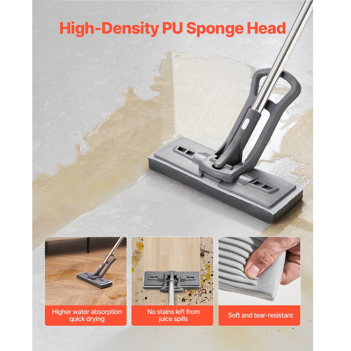 Sponge Mop, High-Density PU Sponge Mop with 1 Pcs Sponge Mop Replacement , Easy to Squeeze Sponge Mop with Hook & Loop for Head Change, Fit for Various Floors' Cleaning