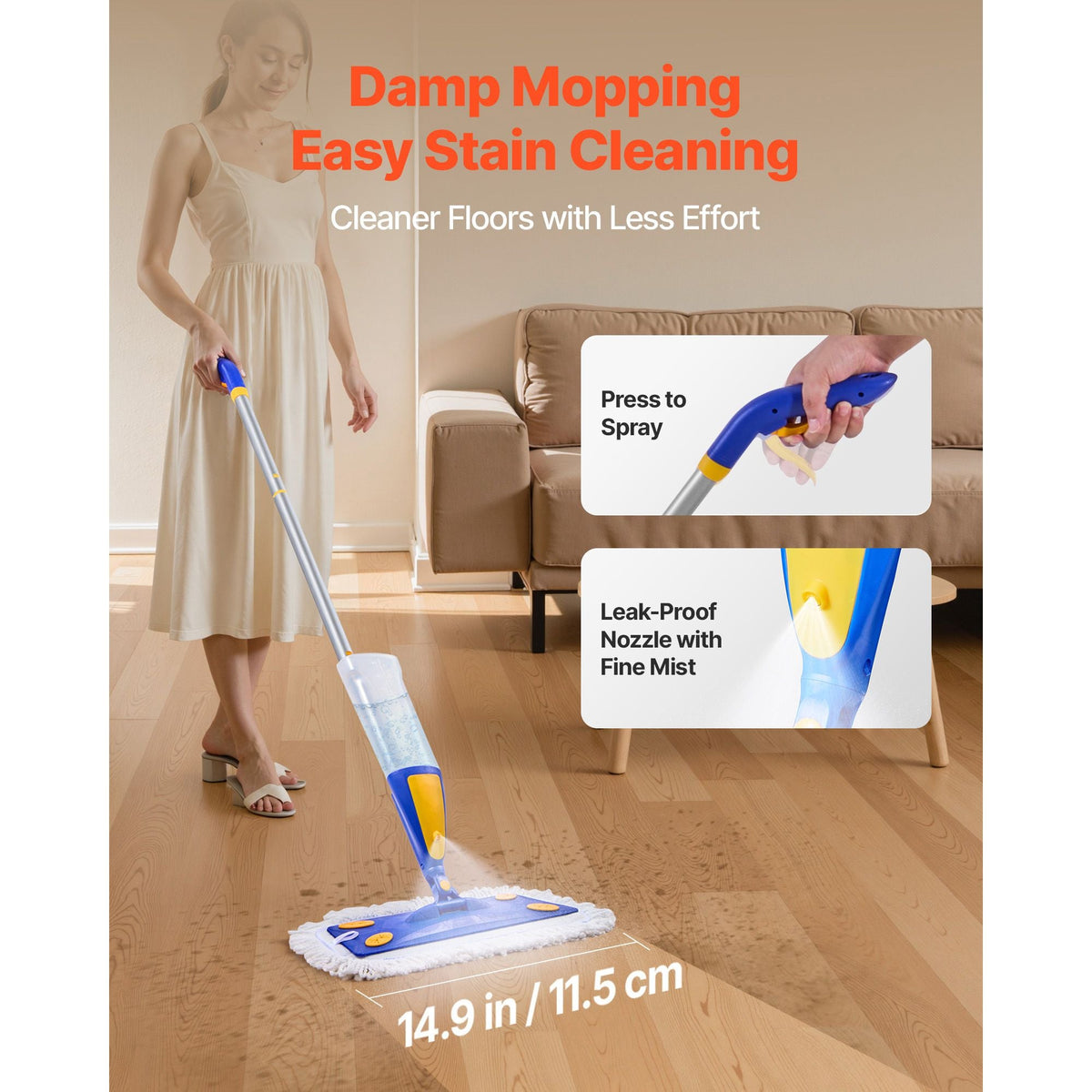 Spray Mop, with 3 Washable Pads for Dry and Wet Floor Cleaning and a 27oz Refillable Water Tank, Microfiber Dust Wet Mop & Twisted Cotton Dry Mop, Commercial Home Use for Tiles/Vinyl/Wood Floor