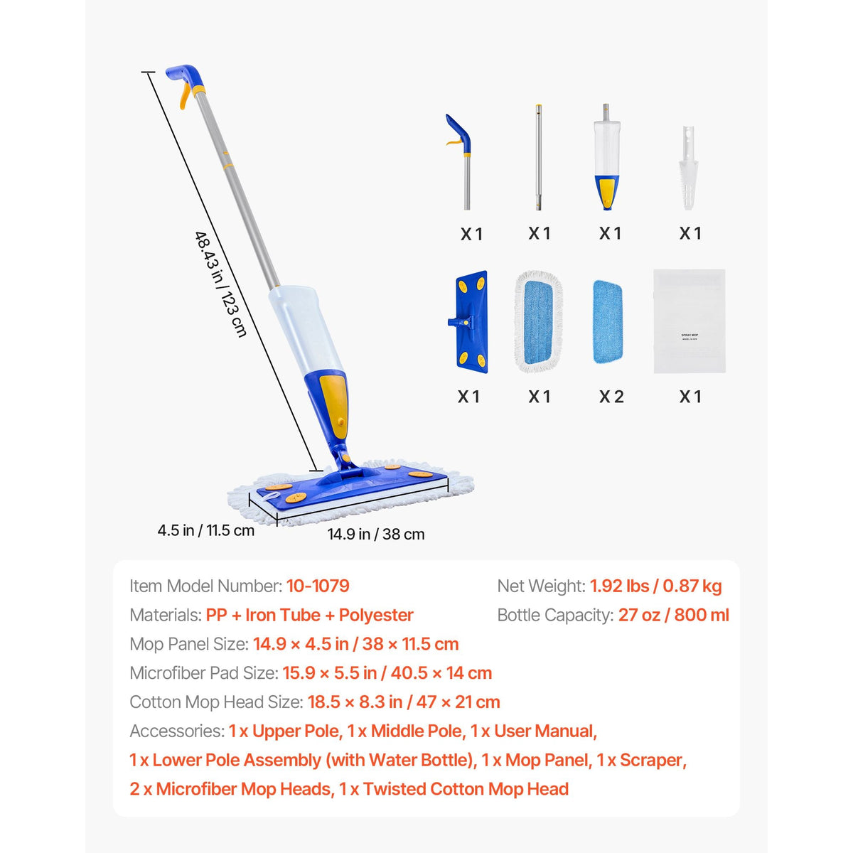 Spray Mop, with 3 Washable Pads for Dry and Wet Floor Cleaning and a 27oz Refillable Water Tank, Microfiber Dust Wet Mop & Twisted Cotton Dry Mop, Commercial Home Use for Tiles/Vinyl/Wood Floor