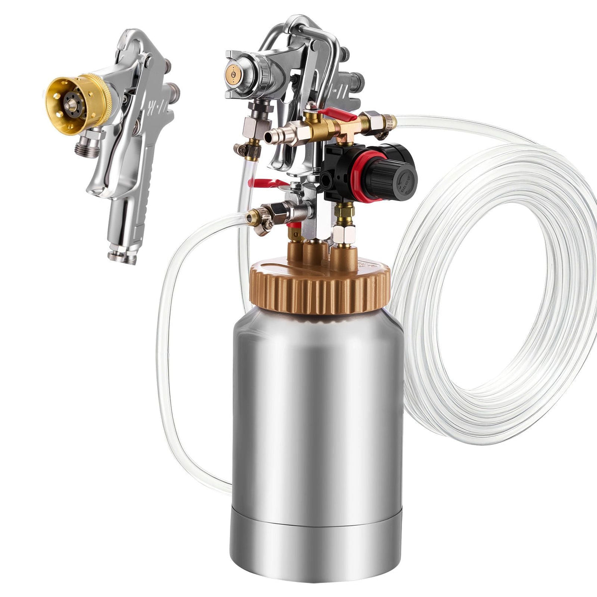 Spray Paint Pressure Pot, 0.5 Gal/2 L Pressure Pot Paint Sprayer, φ1.8mm + φ3mm Two Spray Guns Central Pneumatic Sprays Gun with Two 9.8 FT/3 m Hoses for Furniture, Car, Fence, Max 45 Psi
