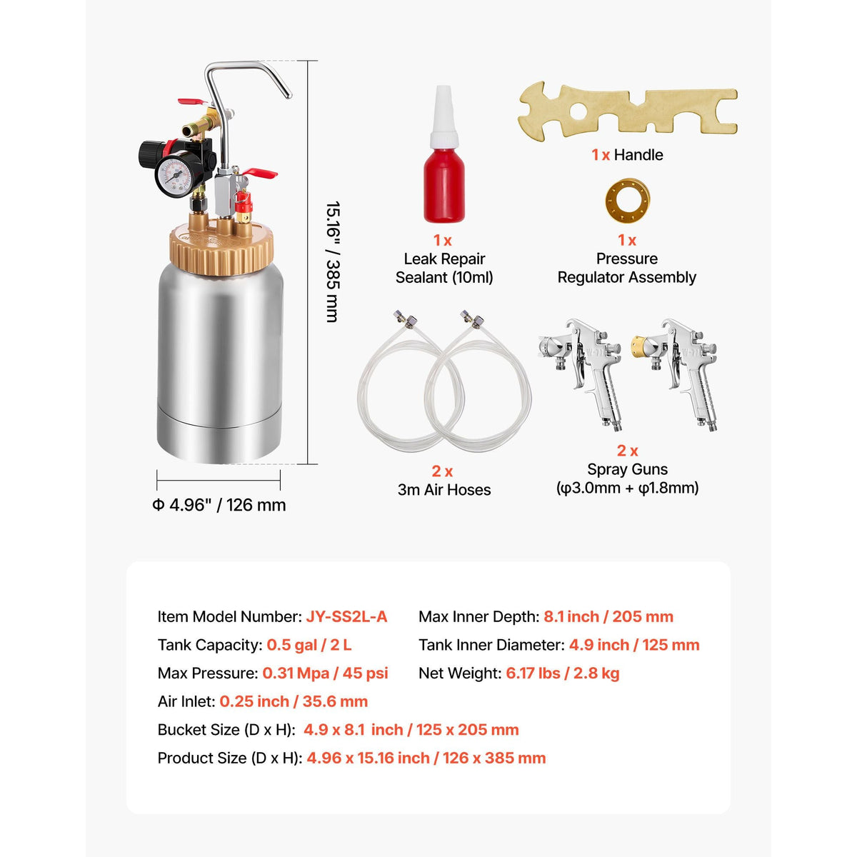 Spray Paint Pressure Pot, 0.5 Gal/2 L Pressure Pot Paint Sprayer, φ1.8mm + φ3mm Two Spray Guns Central Pneumatic Sprays Gun with Two 9.8 FT/3 m Hoses for Furniture, Car, Fence, Max 45 Psi