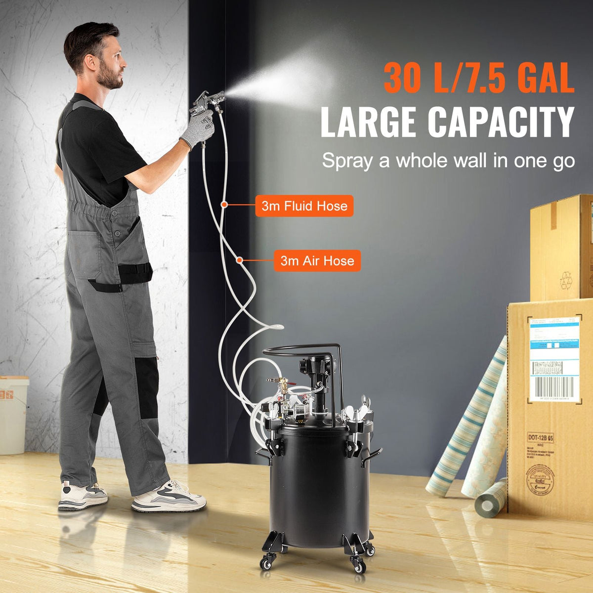 Spray Paint Pressure Pot, 30 L/7.5 gal Fully Automatic Stirring Pressure Pot Tank, 70 psi Adjustale Pressure, Pressure Pot Paint Tank with Spray Gun and Hoses, for Home Decor Industry Painting