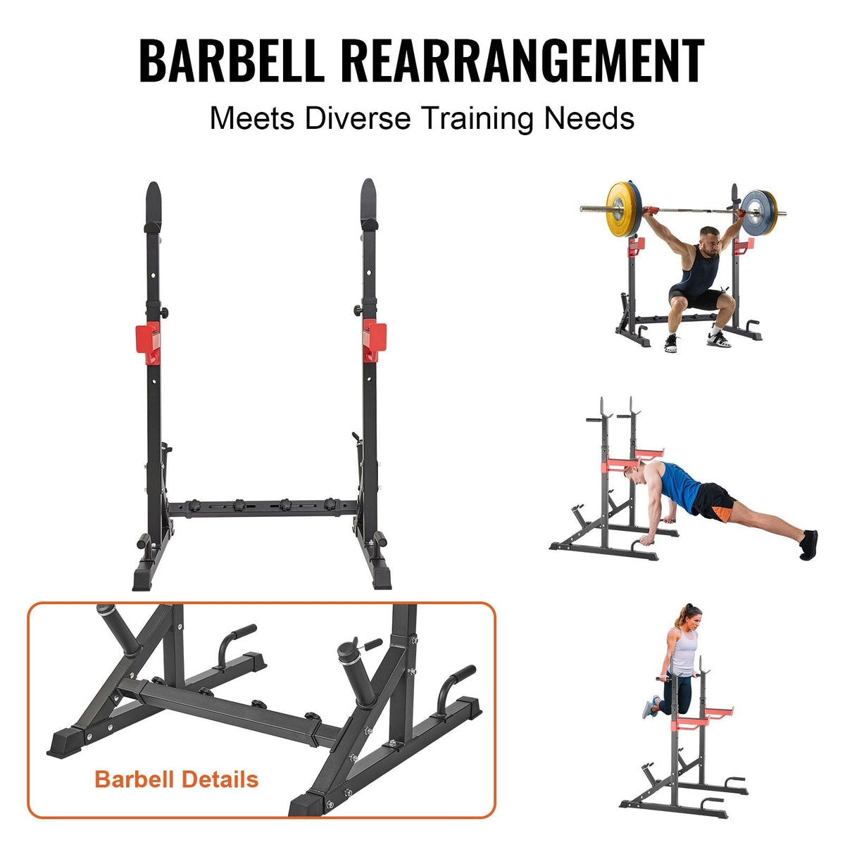 Squat Stand Power Rack, Multi-Functional Barbell Rack with Hook, Weight Plate Storage Attachment, Adjustable Free Bench Press Stands, Max Load 600 Lbs Steel Exercise Squat Stand for Gym/Home Gym