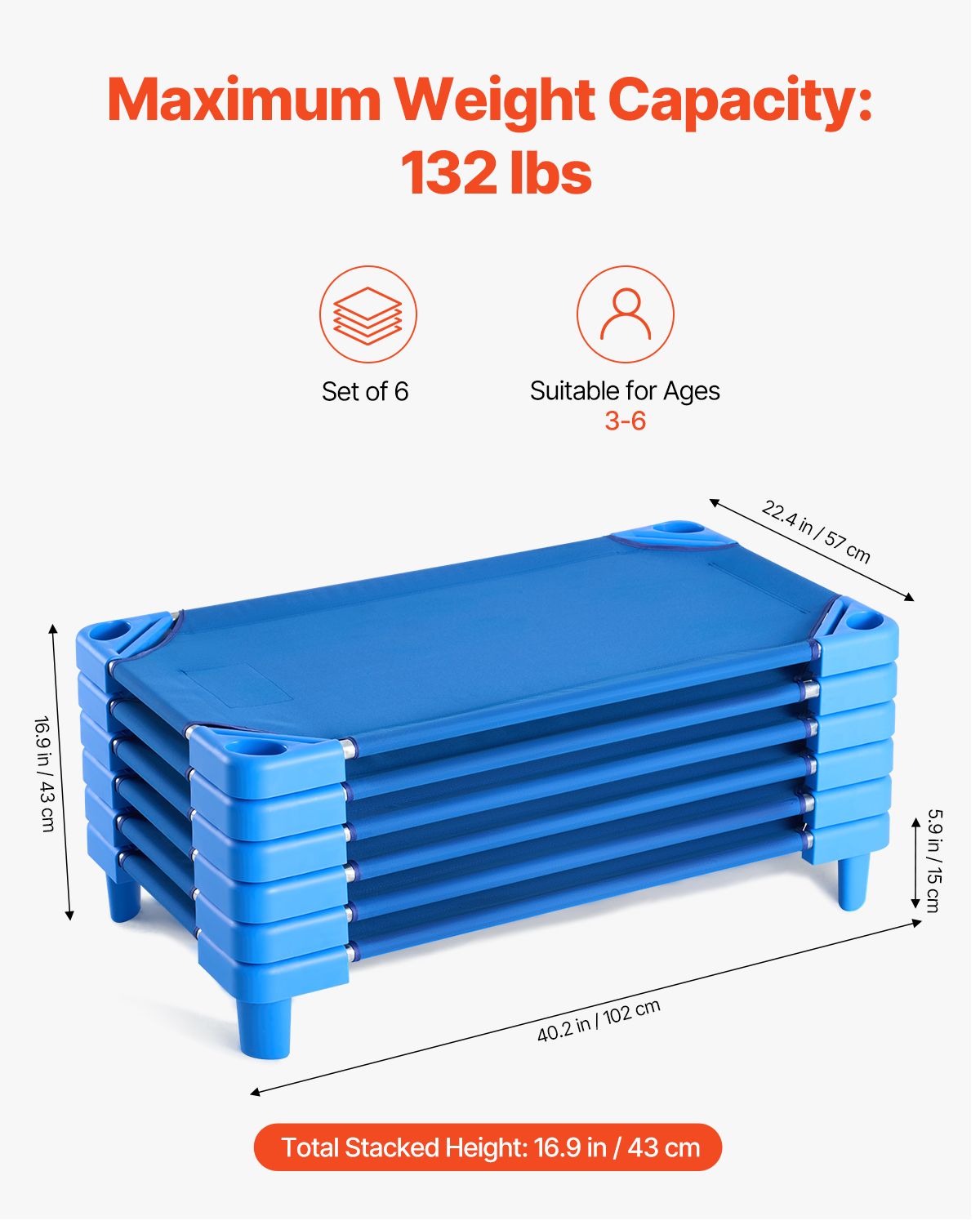 Stackable Kiddie Cot, Pack of 6, Portable Toddler Nap Cots, Standard Size 40" L x 23" W Daycare Cots for Kids, Preschool Classroom Daycare Beds for Sleeping, Resting, Naptime, Blue