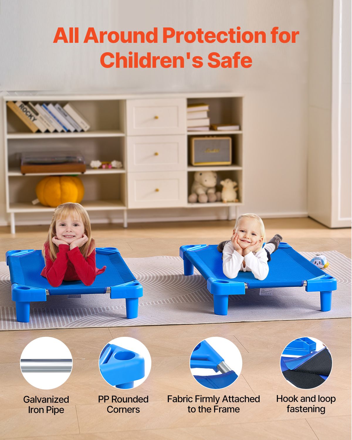 Stackable Kiddie Cot, Pack of 6, Portable Toddler Nap Cots, Standard Size 40" L x 23" W Daycare Cots for Kids, Preschool Classroom Daycare Beds for Sleeping, Resting, Naptime, Blue