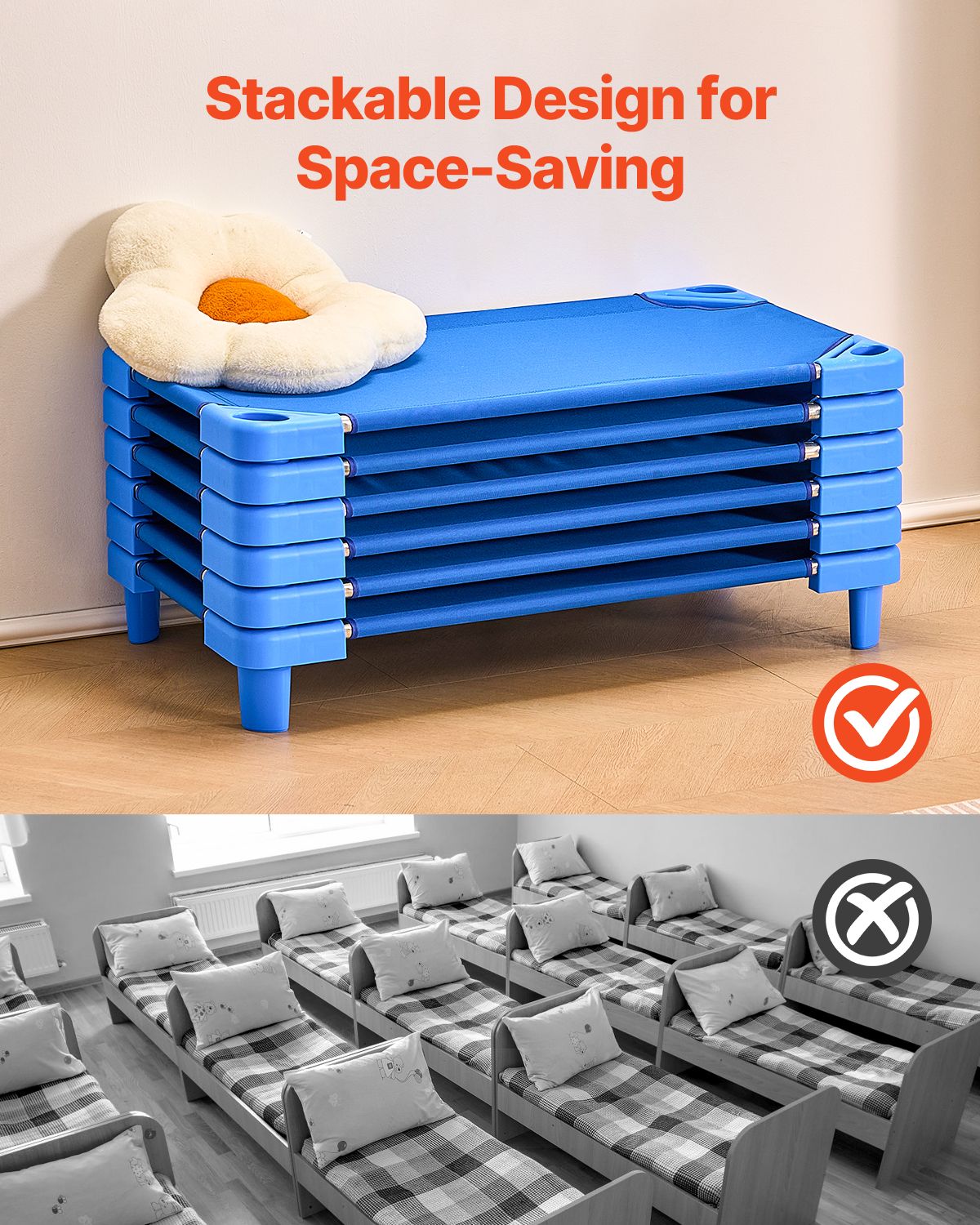 Stackable Kiddie Cot, Pack of 6, Portable Toddler Nap Cots, Standard Size 40" L x 23" W Daycare Cots for Kids, Preschool Classroom Daycare Beds for Sleeping, Resting, Naptime, Blue