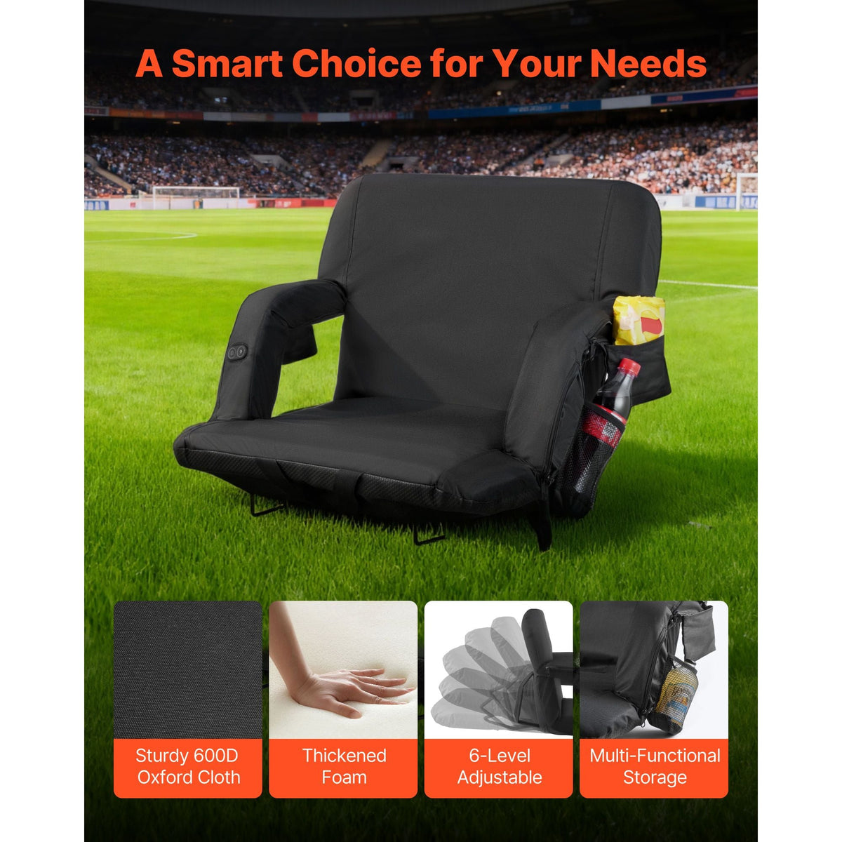 Stadium Seat, 25 inch Heated Stadium Chair, Bleacher Seat Heated with 4 Pockets for Bleachers, 3 Level Heating & 6 Modes Vibration Portable Heating Stadiums Chair for Camping, Sports Events