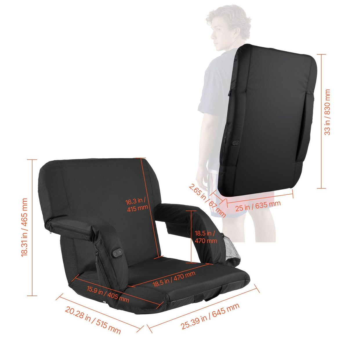 Stadium Seat, 25 inch Heated Stadium Chair, Bleacher Seat Heated with 4 Pockets for Bleachers, 3 Level Heating & 6 Modes Vibration Portable Heating Stadiums Chair for Camping, Sports Events