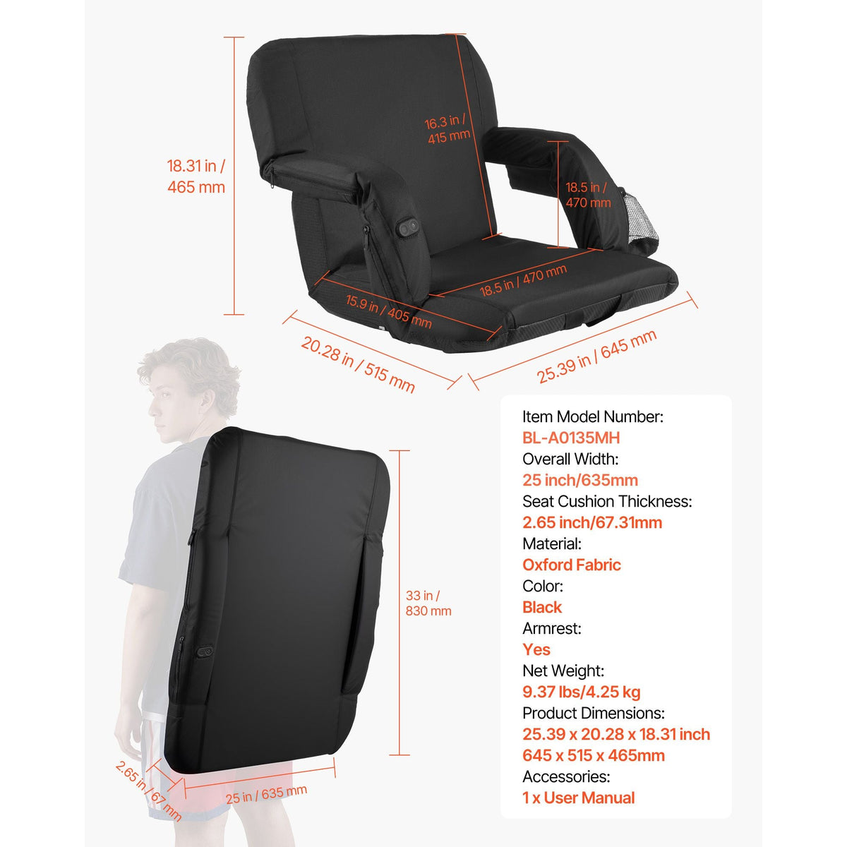 Stadium Seat, 25 inch Heated Stadium Chair, Bleacher Seat Heated with 4 Pockets for Bleachers, 3 Level Heating & 6 Modes Vibration Portable Heating Stadiums Chair for Camping, Sports Events