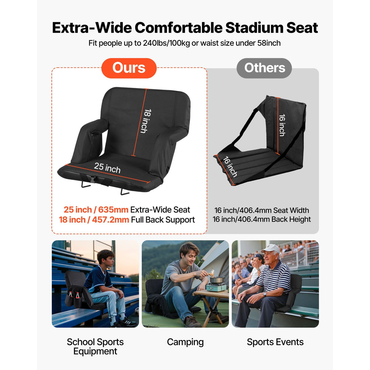 Stadium Seat, 6 Adjustable Angle Bleacher Chair, 2.75'' Cushion Stadium Seat with Back Support and Armrest, Wide Bleacher Chair with Hook Pocket Cupholder for Picnics, Beach Sports, and Gaming