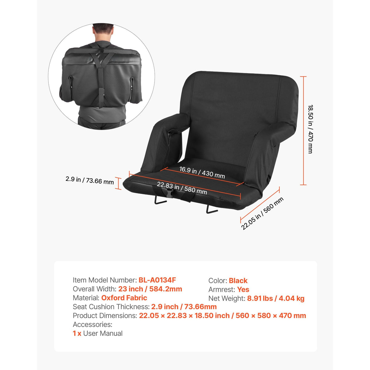 Stadium Seat, 6 Adjustable Angle Bleacher Chair, 2.9'' Cushion Stadium Seat with Back Support and Armrest, Wide Bleacher Chair with Hook Pocket Cupholder for Picnics, Beach Sports, and Gaming