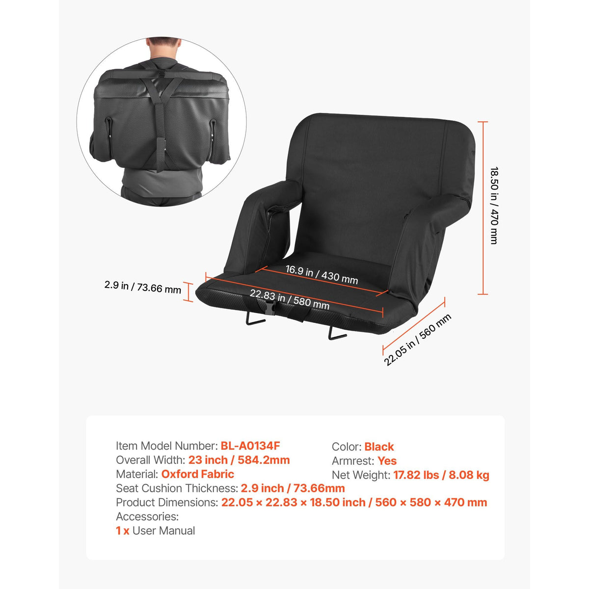 Stadium Seat, 6 Adjustable Angle Wide Bleacher Chair, 2.9'' Cushion Padded Stadium Seat with Armrest and Back Support, Stadiums Chair with Hook Cupholder for Picnics, Beach Sports, and Gaming
