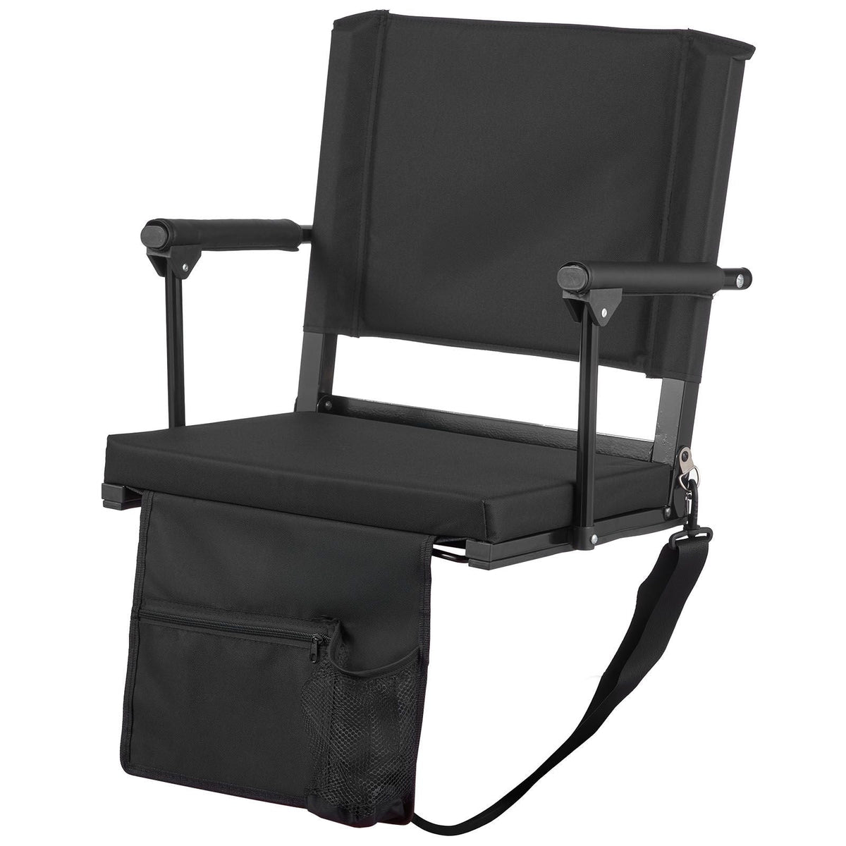 Stadium Seat, Portable Bleacher Seat with Armrest, Back Support and Thick Cushion, Bench Chair for Bleacher Includes Shoulder Strap, Hooks, Cup Holder, Black Football Bleachers Seats, 1PCS