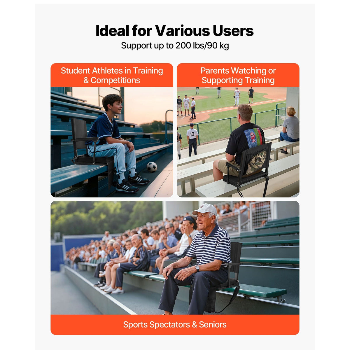 Stadium Seat, Portable Bleacher Seat with Armrest, Back Support and Thick Cushion, Bench Chair for Bleacher Includes Shoulder Strap, Hooks, Cup Holder, Black Football Bleachers Seats, 1PCS