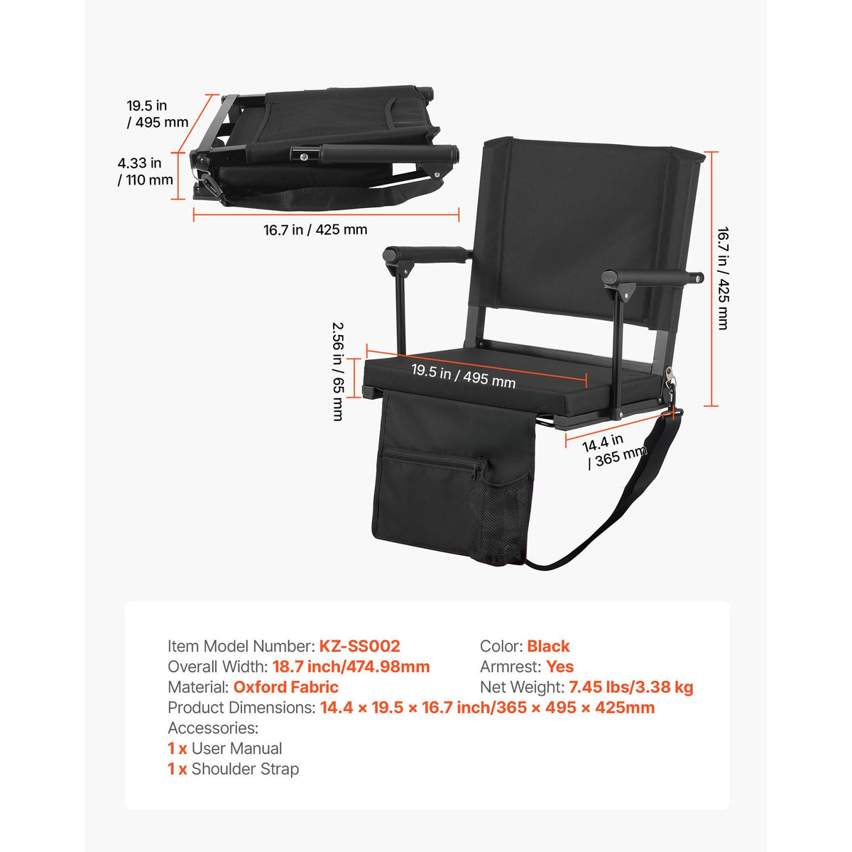 Stadium Seat, Portable Bleacher Seat with Armrest, Back Support and Thick Cushion, Bench Chair for Bleacher Includes Shoulder Strap, Hooks, Cup Holder, Black Football Bleachers Seats, 1PCS