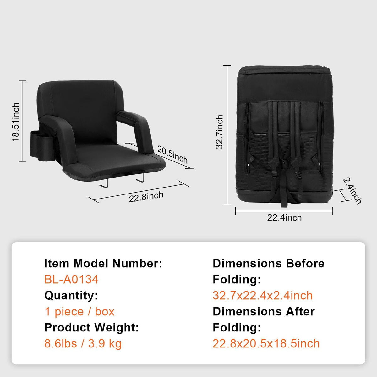Stadium Seat with Back Support, Wide Bleacher Seat Back, Folding Padded Cushion Stadium Chair, Portable Reclining Chair with Hook Pocket Cupholder, Ideal for Sport Event Beach Camping Concert