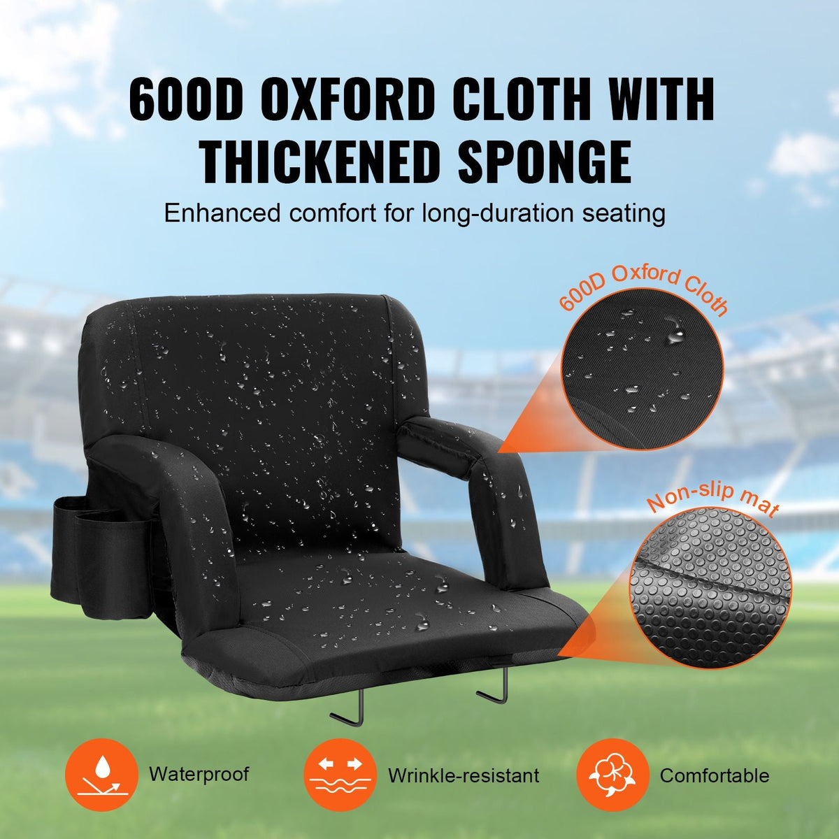 Stadium Seat with Back Support, Wide Bleacher Seat Back, Folding Padded Cushion Stadium Chair, Portable Reclining Chair with Hook Pocket Cupholder, Ideal for Sport Event Beach Camping Concert