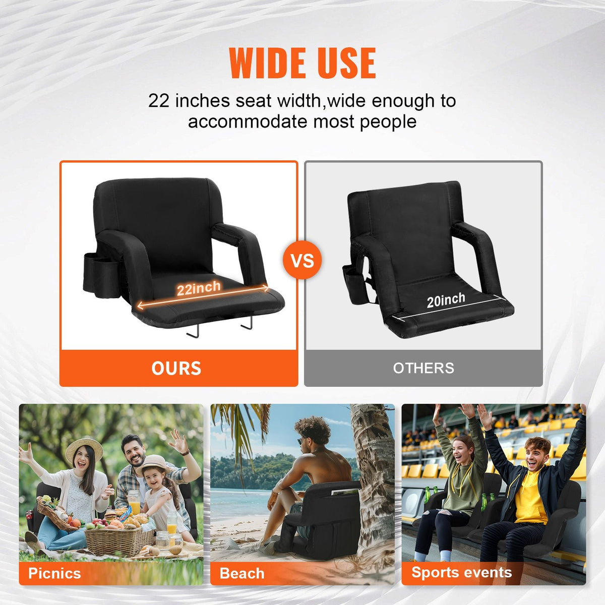 Stadium Seat with Back Support, Wide Bleacher Seat Back, Folding Padded Cushion Stadium Chair, Portable Reclining Chair with Hook Pocket Cupholder, Ideal for Sport Event Beach Camping Concert