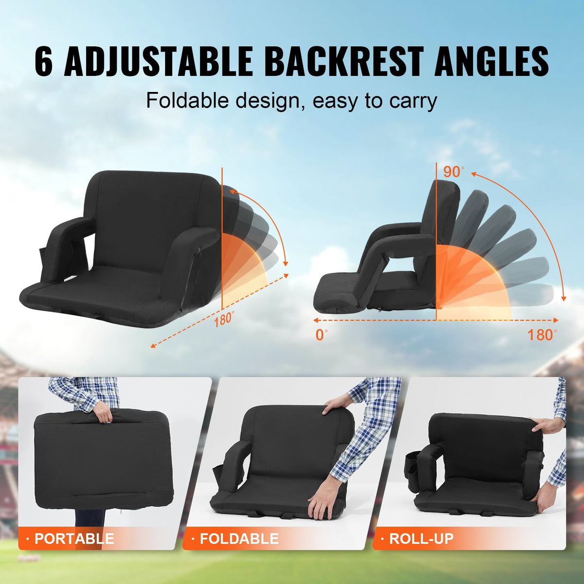 Stadium Seat with Back Support, Wide Bleacher Seat Back, Folding Padded Cushion Stadium Chair, Portable Reclining Chair with Hook Pocket Cupholder, Ideal for Sport Event Beach Camping Concert