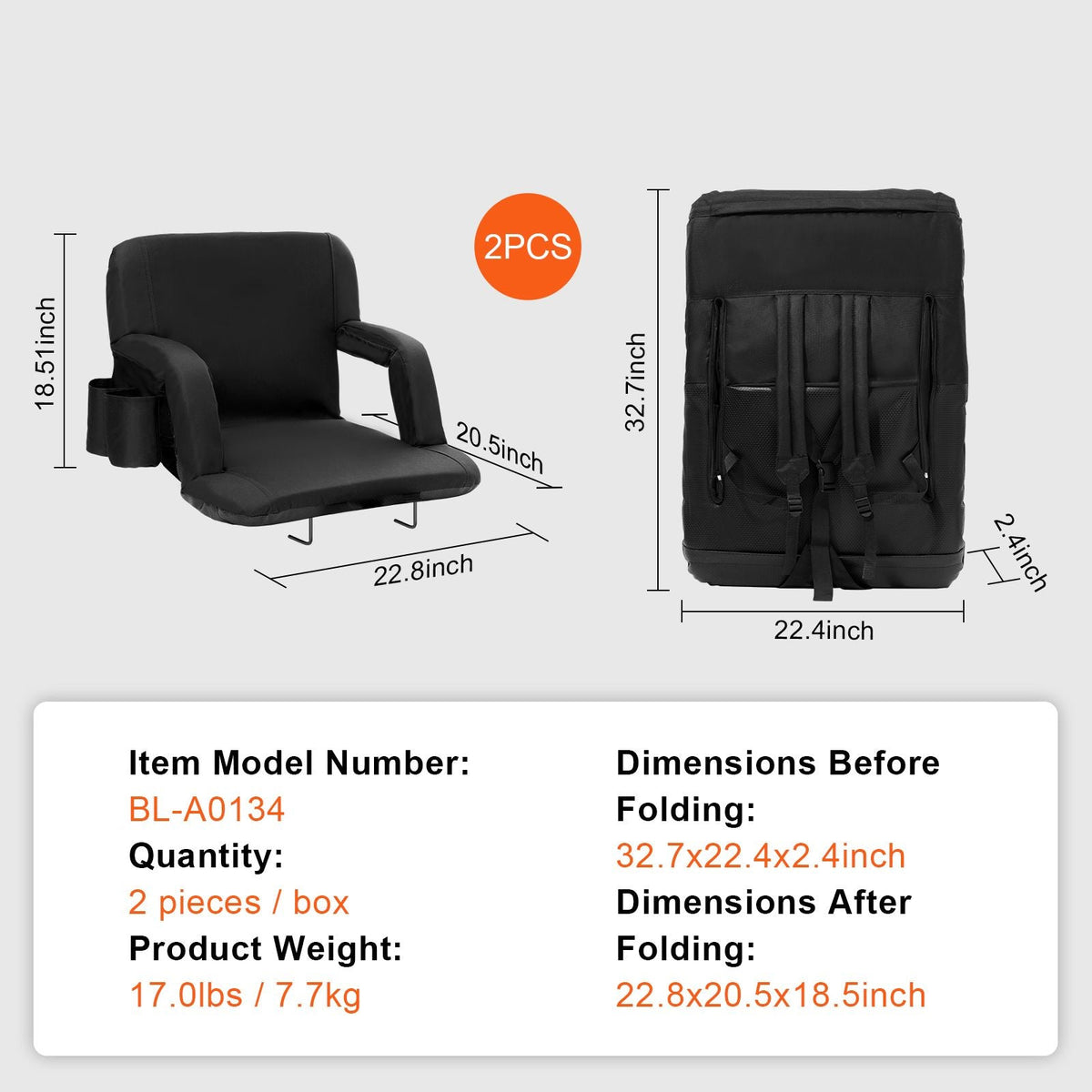 Stadium Seat with Back Support, Wide Bleacher Seat Backs, Folding Padded Cushion Stadium Chair, Portable Reclining Chairs with Hook Pocket Cupholder, Ideal for Sport Event Beach Concert (2 Set)