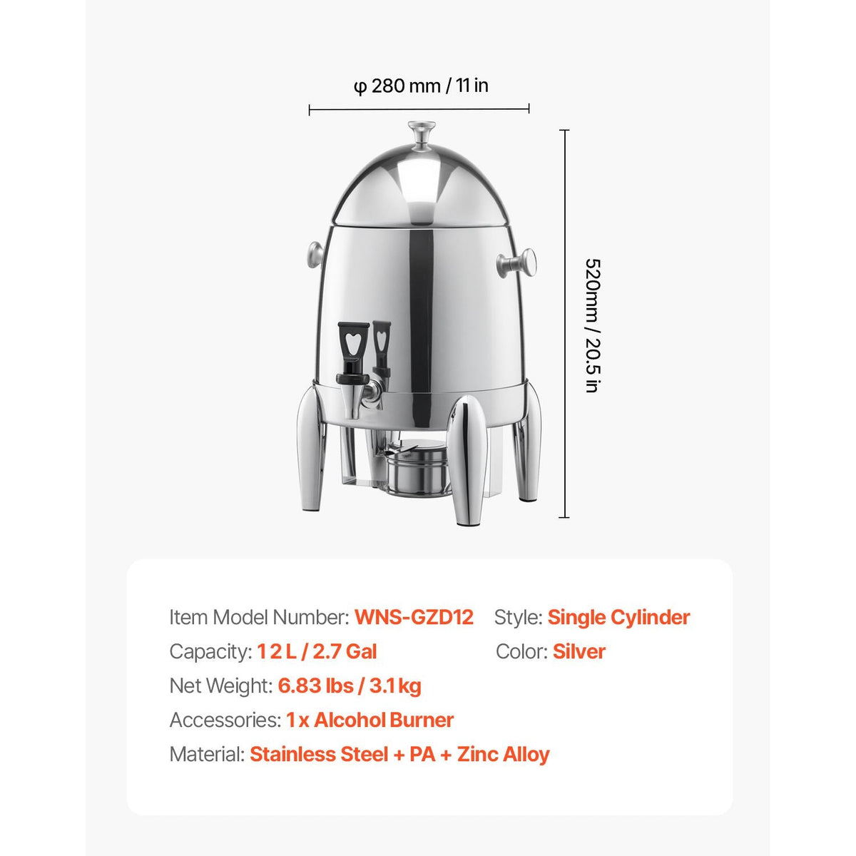 Stainless Steel Beverage Dispenser, 2.7 Gallon Drink Dispenser with Alcohol Burner, Hot & Cold Drink Dispensers for Coffee Tea Hot Water, with Spigot Ice Tube, for Restaurants, Hotels, Parties