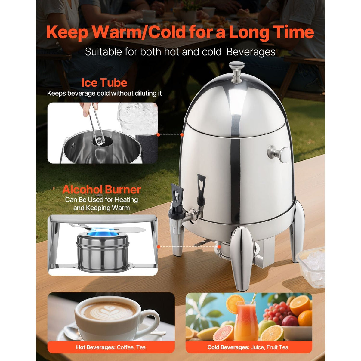 Stainless Steel Beverage Dispenser, 2.7 Gallon Drink Dispenser with Alcohol Burner, Hot & Cold Drink Dispensers for Coffee Tea Hot Water, with Spigot Ice Tube, for Restaurants, Hotels, Parties
