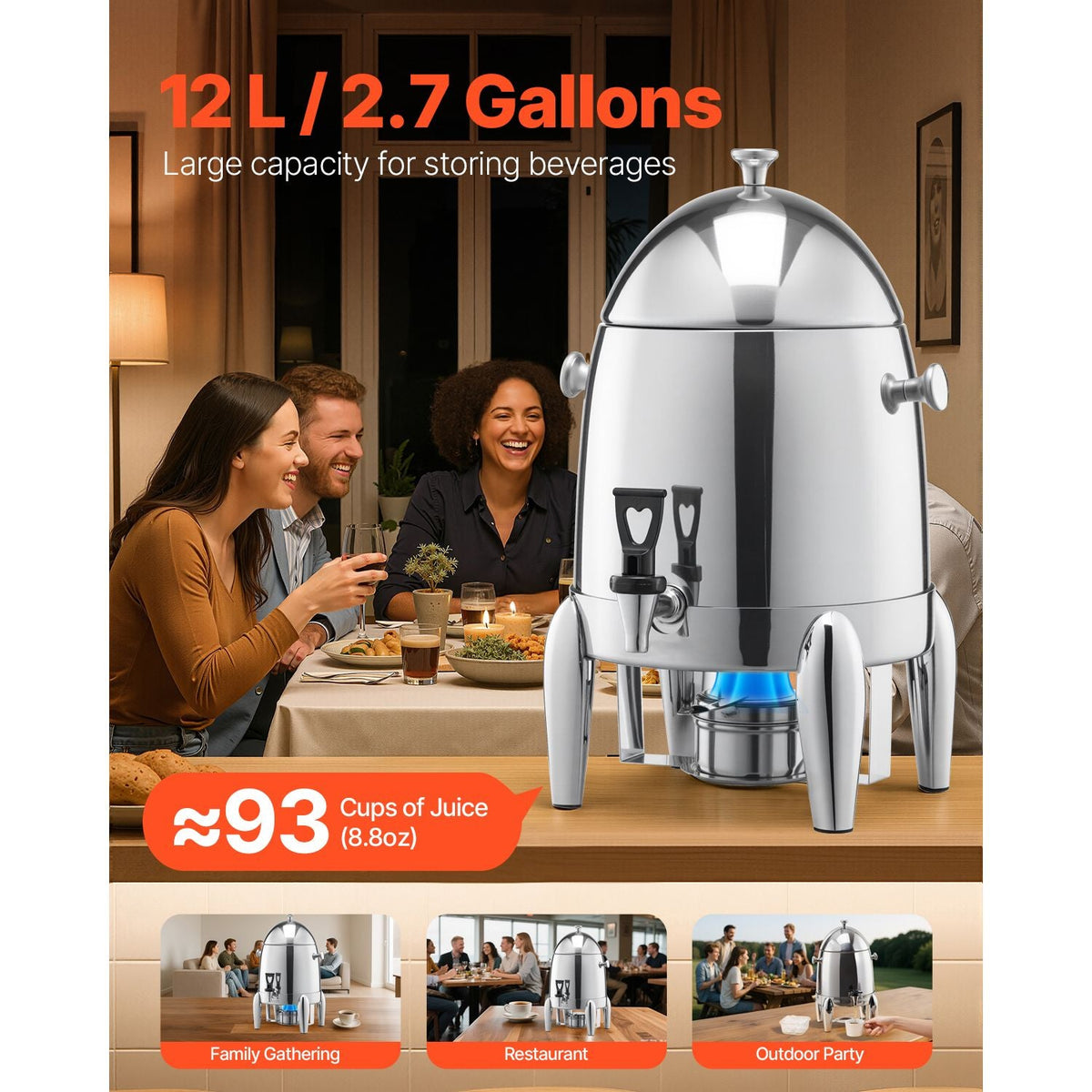 Stainless Steel Beverage Dispenser, 2.7 Gallon Drink Dispenser with Alcohol Burner, Hot & Cold Drink Dispensers for Coffee Tea Hot Water, with Spigot Ice Tube, for Restaurants, Hotels, Parties