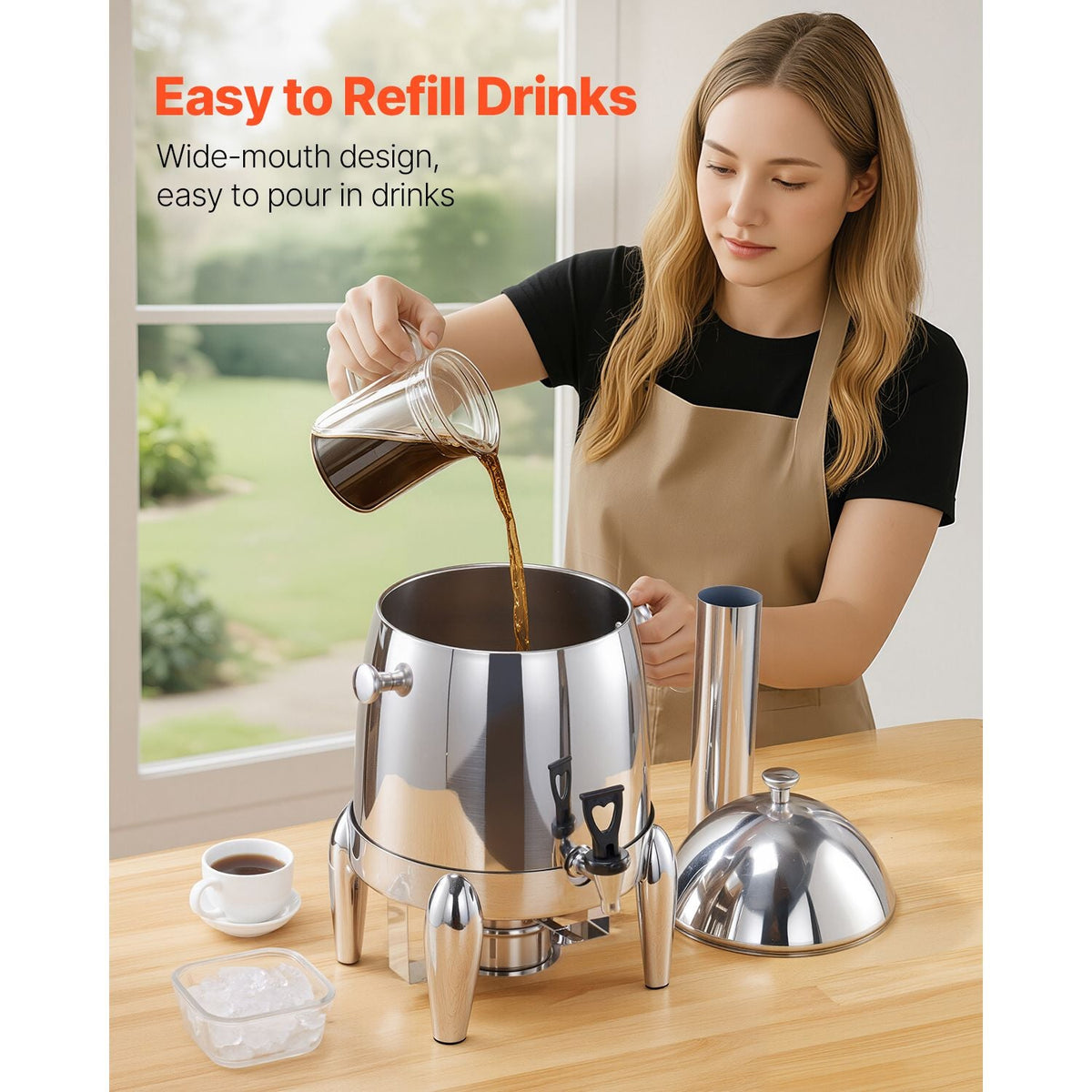 Stainless Steel Beverage Dispenser, 2.7 Gallon Drink Dispenser with Alcohol Burner, Hot & Cold Drink Dispensers for Coffee Tea Hot Water, with Spigot Ice Tube, for Restaurants, Hotels, Parties