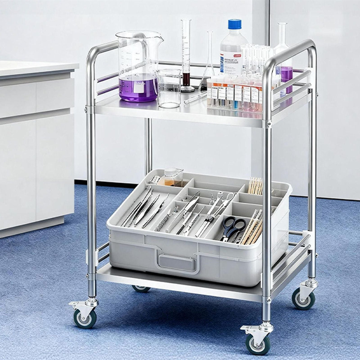 Stainless Steel Cart, 2-Tier Rolling Lab Utility Cart with Lockable Wheels, Medical Serving Trolley Clinic Tray, Heavy Duty Mobile Service Storage Tray for Hospital, Restaurant, Kitchen, Salon