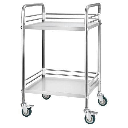 Stainless Steel Cart, 2-Tier Rolling Lab Utility Cart with Lockable Wheels, Medical Serving Trolley Clinic Tray, Heavy Duty Mobile Service Storage Tray for Hospital, Restaurant, Kitchen, Salon