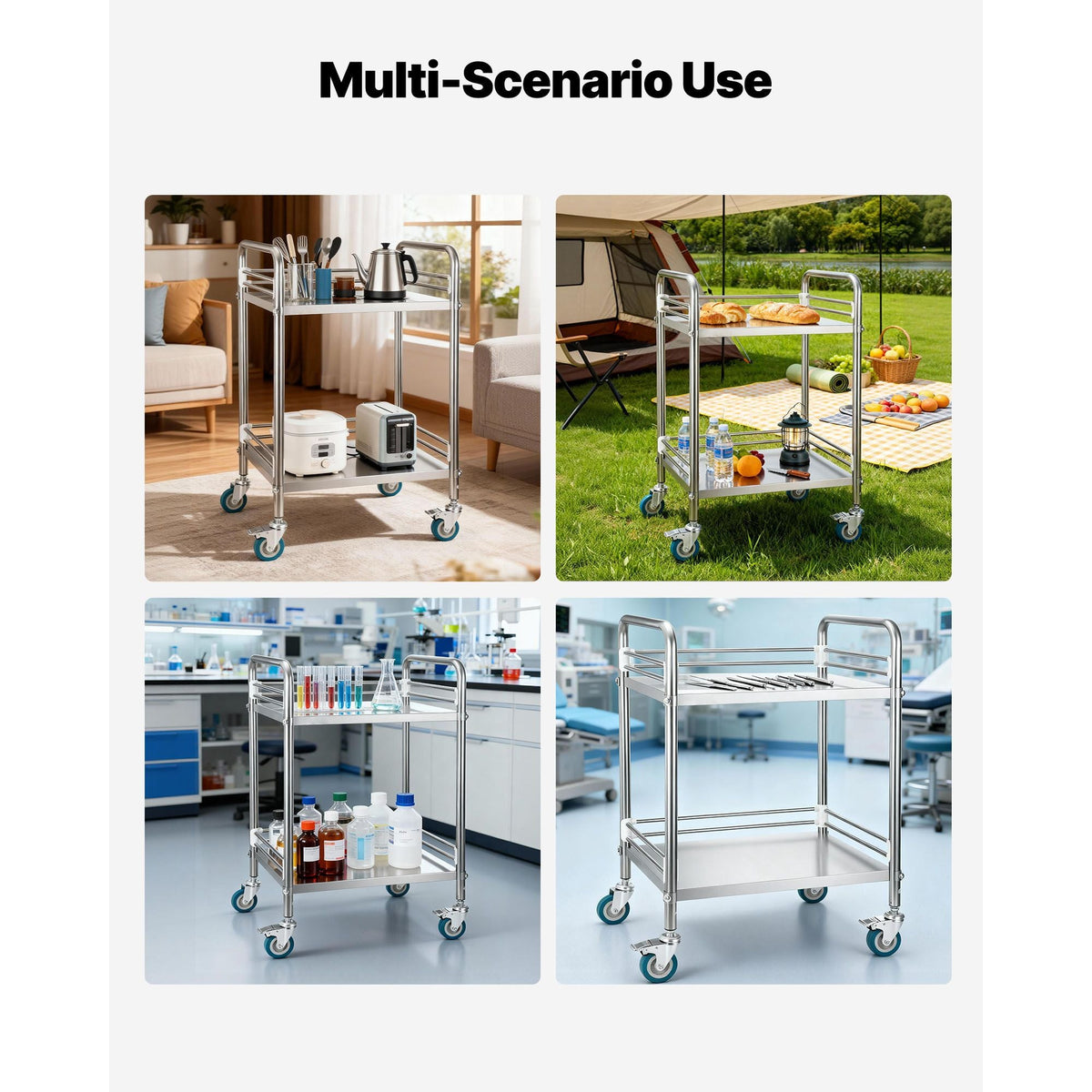 Stainless Steel Cart, 2-Tier Rolling Lab Utility Cart with Lockable Wheels, Medical Serving Trolley Clinic Tray, Heavy Duty Mobile Service Storage Tray for Hospital, Restaurant, Kitchen, Salon