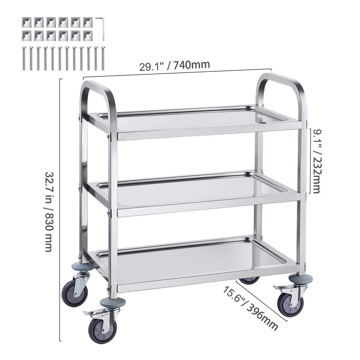 Stainless Steel Cart, 3 Layers Lab Utility Cart 400 lbs Weight Capacity, Medical Cart with Lockable Universal Wheels, for Lab, Clinic, Kitchen, Salon
