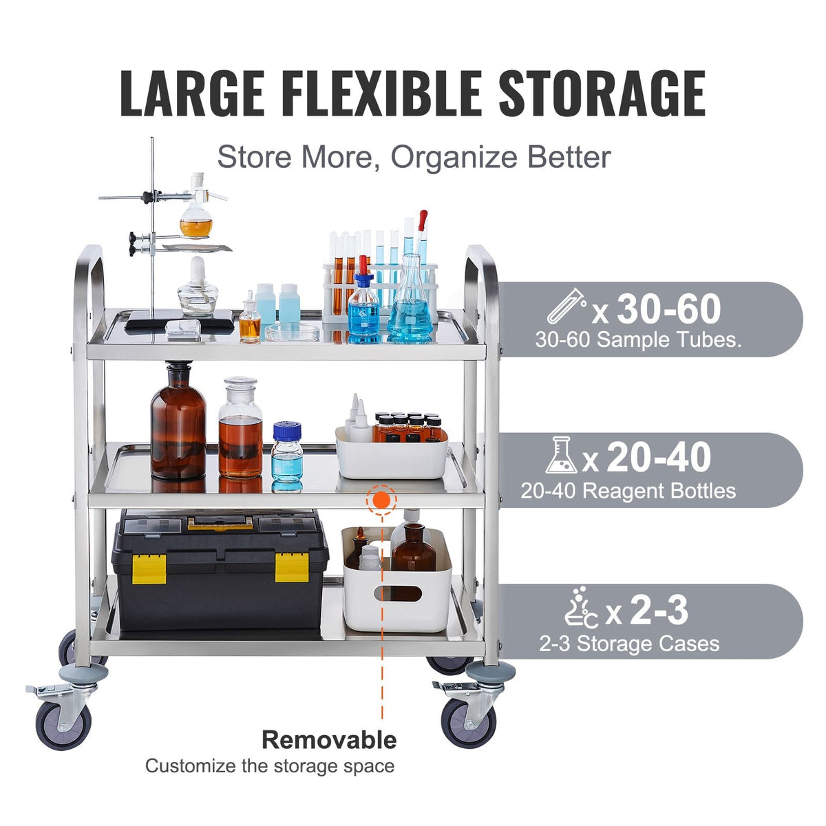 Stainless Steel Cart, 3 Layers Lab Utility Cart 400 lbs Weight Capacity, Medical Cart with Lockable Universal Wheels, for Lab, Clinic, Kitchen, Salon