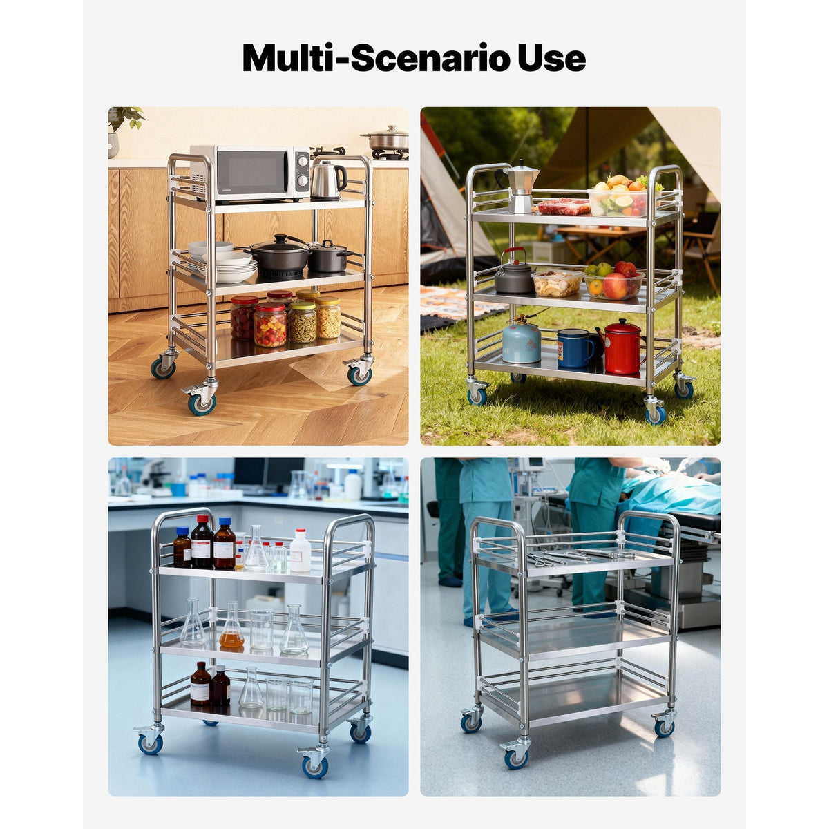 Stainless Steel Cart, 3-Tier Rolling Lab Utility Cart with Lockable Wheels, Medical Serving Trolley Clinic Tray, Heavy Duty Mobile Service Storage Tray for Hospital, Restaurant, Kitchen, Salon